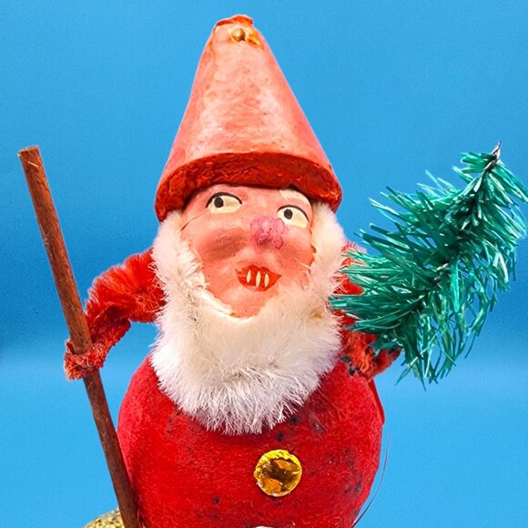 Vintage 1950s Putz Santa Elf Red Spun Cotton Cone Hat Bottlebrush Tree Japan - Picture 4 of 10